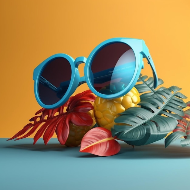 A tropical fruit and sunglasses with a tropical leaf on the bottom