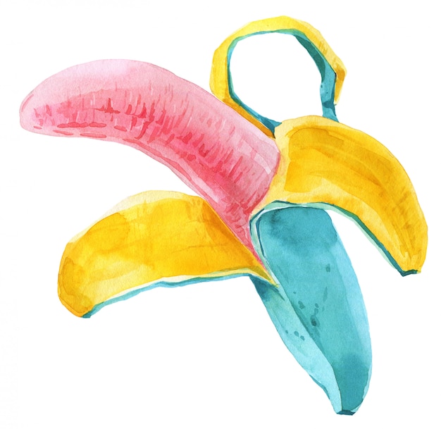 トロピカルフルーツ。トレンディな夏のカラフルなエキゾチックなバナナの果実。明るいネオン抽象illusrtrationブルーミントイエローピンク昇華プリント生地織物