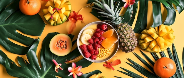 Фото Тропические фрукты и smoothie bowl flat lay