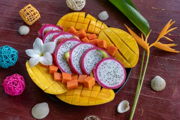 Tropical fruits assortment on a plate close up