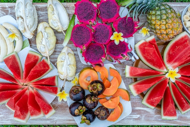 Photo tropical fruits assortment on a table close up top view island bali indonesia