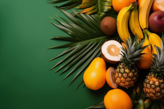 Tropical fruits background with copyspace and palm leaf