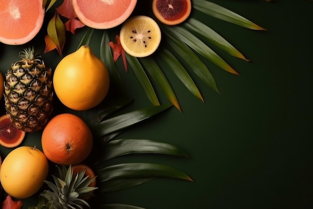 Foto fondo di frutti tropicali con copyspace e foglia di palma
