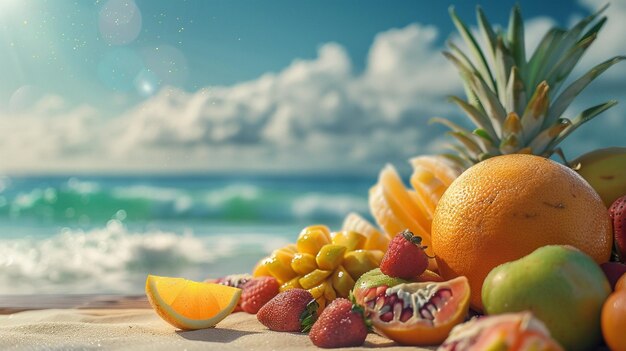 Photo tropical fruits on beach background