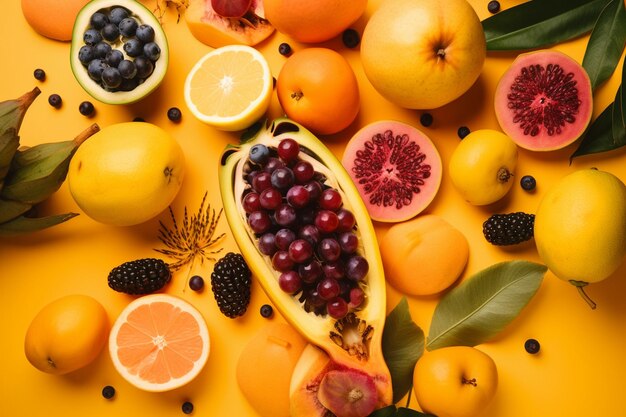 Tropical fruits and berries on a yellow background flat lay