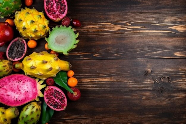 Tropical fruits cactus and dragon fruit on a wooden background top view free space for text