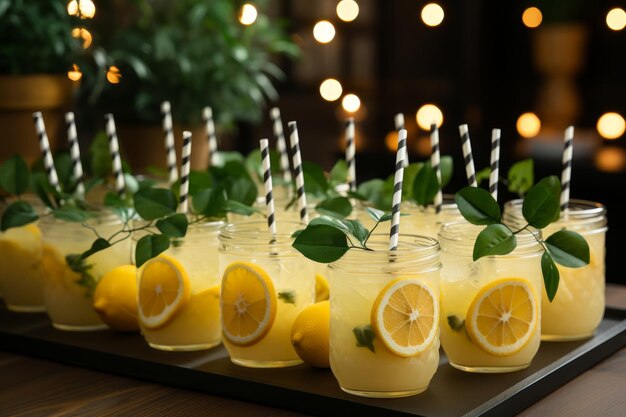 Tropical fruits cocktails and white flowers on a wooden table in a vibrant paradise