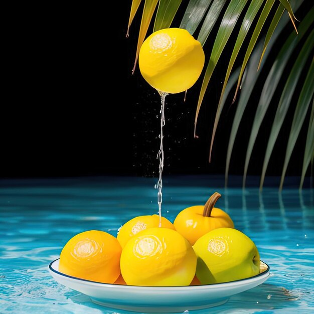 Tropical fruits fall into water with splashes