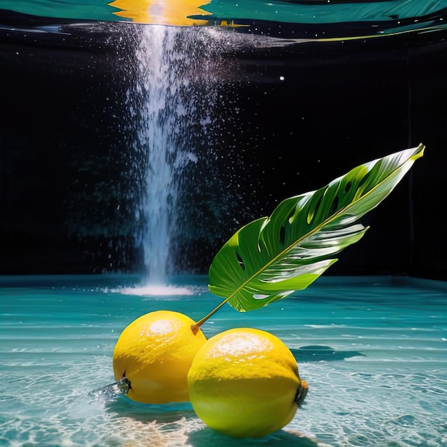 Tropical fruits fall into water with splashes