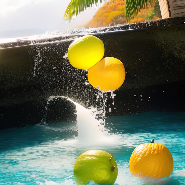 Tropical fruits fall into water with splashes