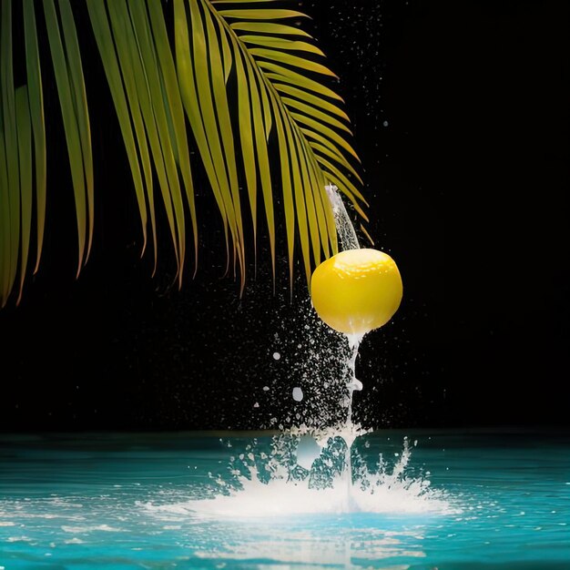 Tropical fruits fall into water with splashes