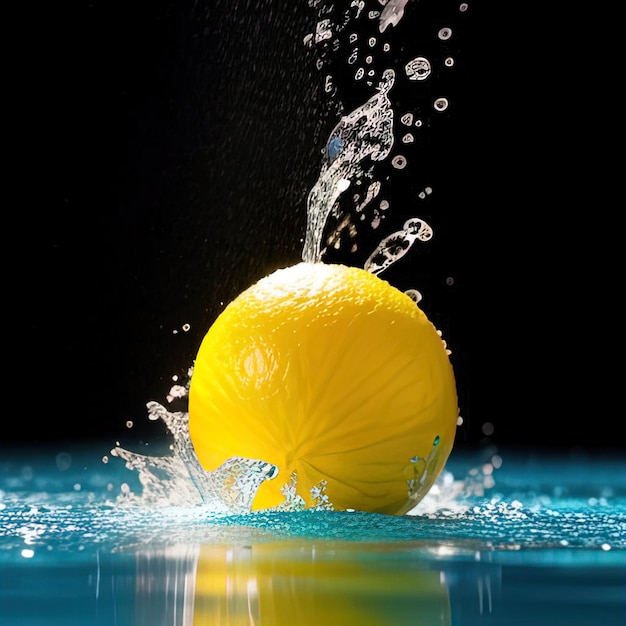 Tropical fruits fall into water with splashes