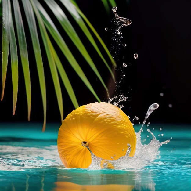 Tropical fruits fall into water with splashes