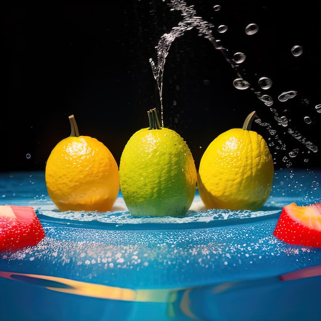 Tropical fruits fall into water with splashes