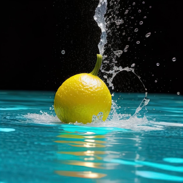 Tropical fruits fall into water with splashes