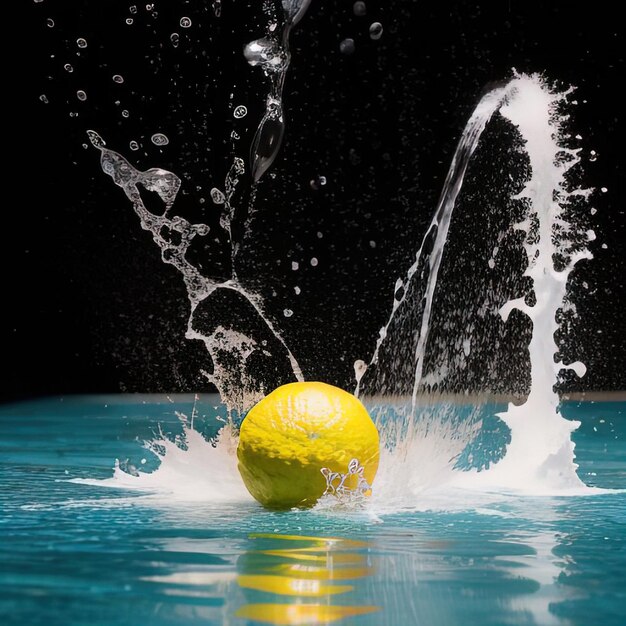 Tropical fruits fall into water with splashes