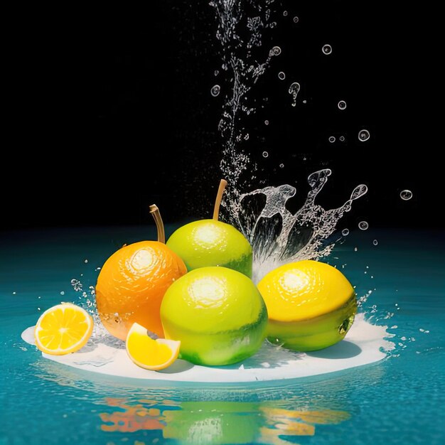 Tropical fruits fall into water with splashes