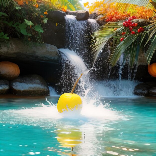 Tropical fruits fall into water with splashes