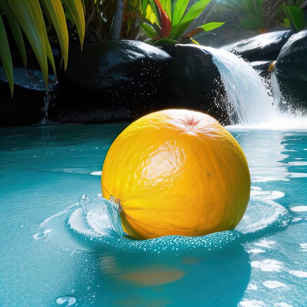 Tropical fruits fall into water with splashes