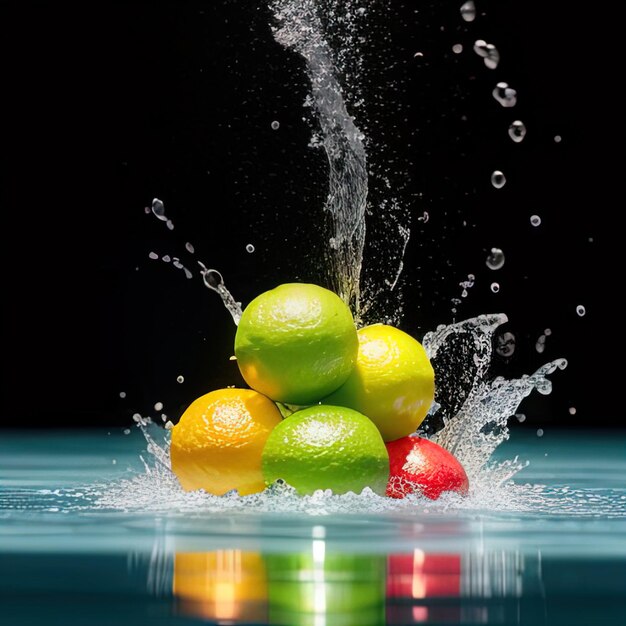 Tropical fruits fall into water with splashes