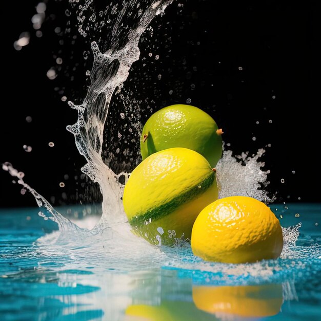 Tropical fruits fall into water with splashes