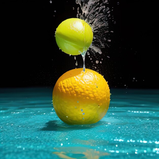 Tropical fruits fall into water with splashes