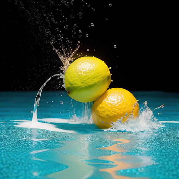 Tropical fruits fall into water with splashes