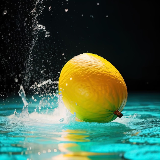 Tropical fruits fall into water with splashes