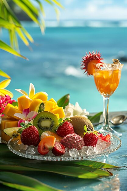 Photo tropical fruits on mango kiwi papaya ocean background