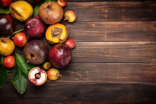 Tropical fruits mangosteen on a wooden background top view free space for text