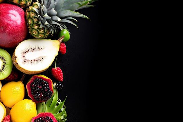 Tropical fruits passion fruit pineapple dragon fruit kiwi and cactus on a black background Top view Free space for text