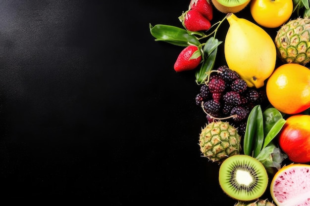 Tropical fruits passion fruit pineapple dragon fruit kiwi and cactus on a black background Top view Free space for text