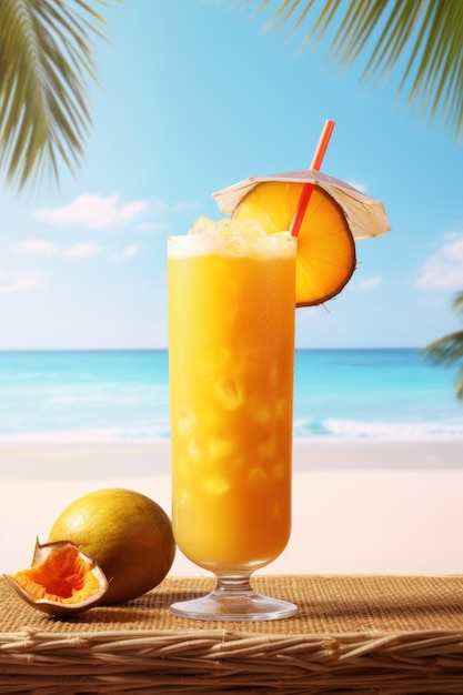 Tropical fruits pineapple juice on sunny beach under palm shadow generative ai