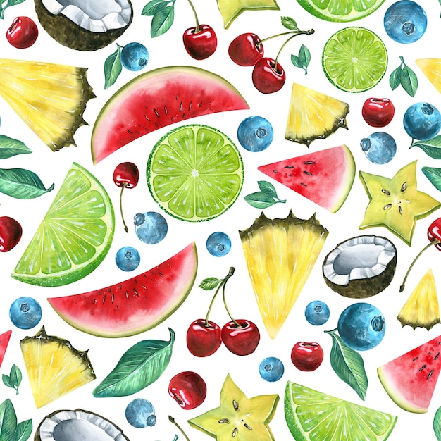 Tropical fruits pineapple watermelon coconut lime carambola blueberries and cherries Bright seamless pattern Watercolor For decoration and design of fabric textiles wallpaper clothing