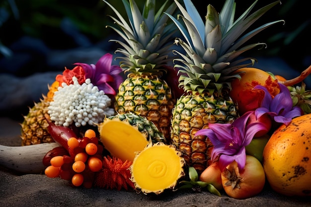 Tropical Fruits on the Sand Pineapples coconuts