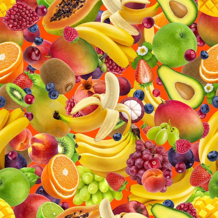 Photo tropical fruits seamless pattern, falling exotic fruits isolated on color background