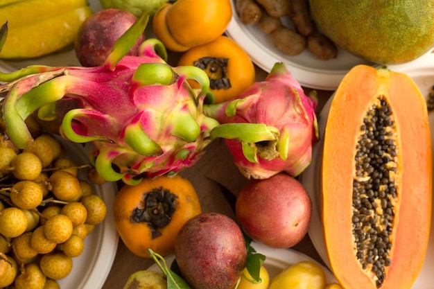 Tropical fruits set background dragon fruit papaya