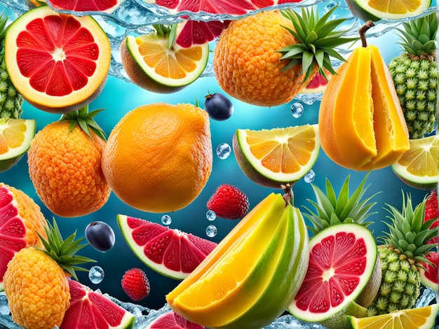 Фото Тропические фрукты замерзли в абстрактной футуристической 3d-текстуре, изолированной на прозрачном фоне.