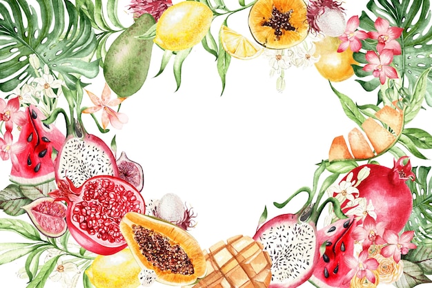 Tropical fruits watermelon lemons avocado dragon fruitspomegranate mango orchid flowers and leaves Card on white background watercolor illustration