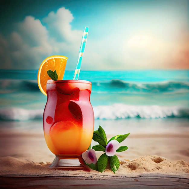 砂浜と海の背景に石工の瓶にトロピカル フルーツとフレッシュ ジュースのカクテル、飲み物は