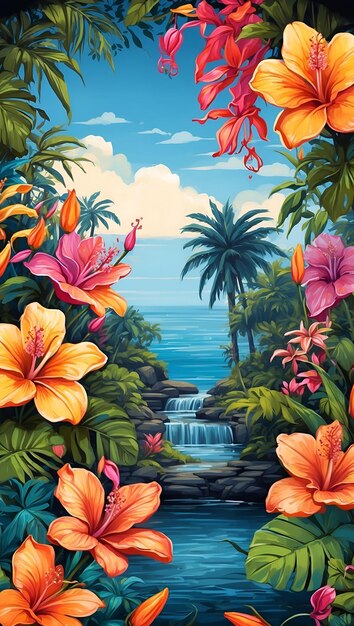 写真 熱帯庭園 カラフルなイラスト 絵画 背景 ポストカード デジタルアートワーク フライヤー ギフトカード