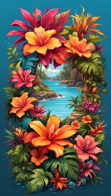 Foto giardino tropicale illustrazione colorata disegno floreale sfondo cartolina postale opera d'arte digitale cartella banner