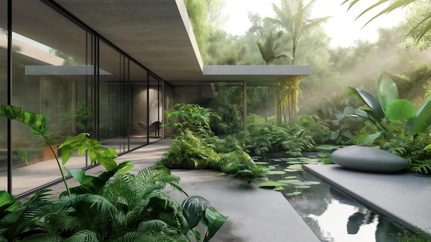 Tropical garden in courtyard of modern building Generative AI