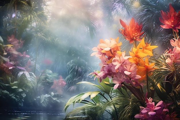 A tropical garden filled with exotic blooms realistic tropical background