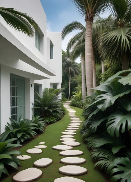 A tropical garden pathway with stepping stones leading to a white building surrounded by lush green