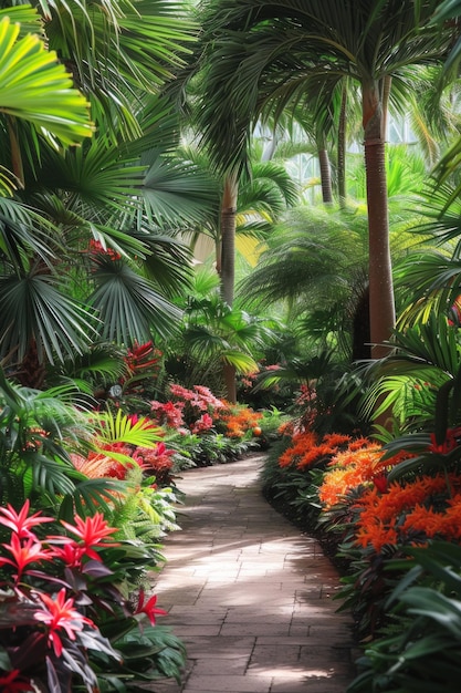 Тропический сад с экзотическими растениями, такими как пальмы, папоротники и яркая пышная листья