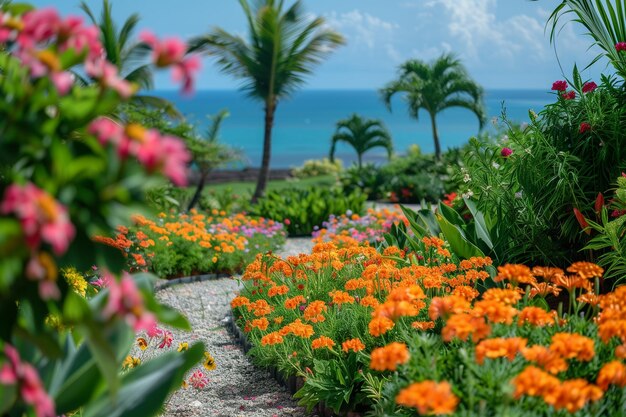 写真 海岸 の 近く の 花 と パルム が ある 熱帯 の 庭園