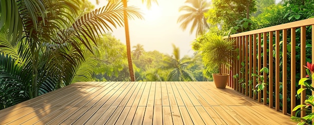 Foto un giardino tropicale con palme e un tramonto sullo sfondo