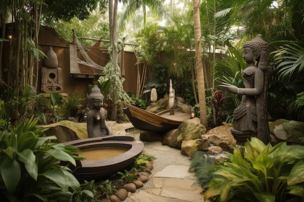 Tropical garden with sculptures and water features created with generative ai