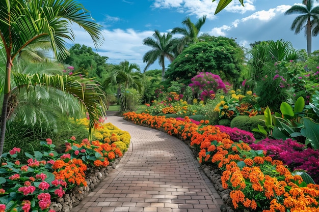 Tropical garden with stone pavement and blooming florals